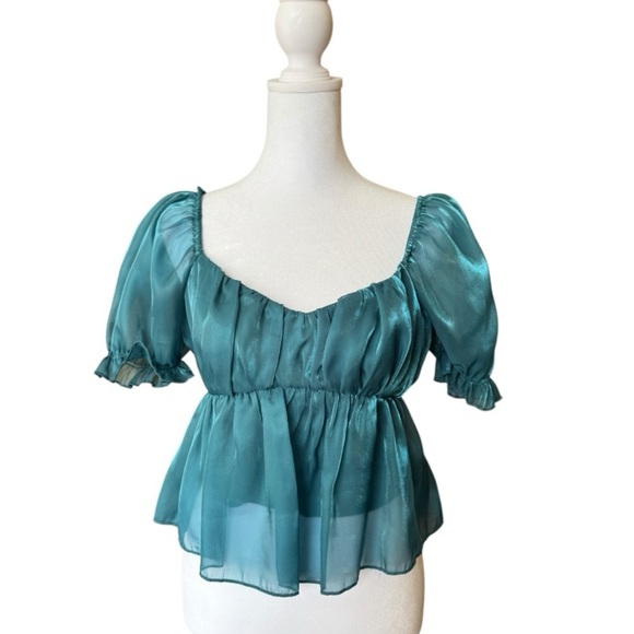 Thirty Thirty Teal Sheer Satin Puff Sleeve Peplum Blouse Size M - Picture 1 of 5